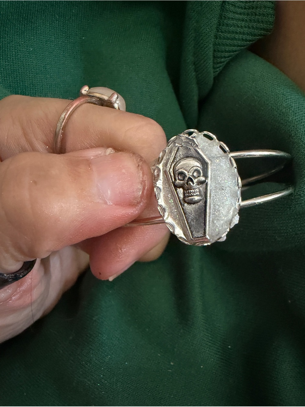Silver Tone Coffin & Skull Cuff Bracelet - resin